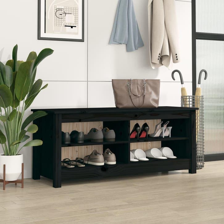 vidaXL Schoenenbank 110x38x45,5 cm massief grenenhout zwart, Huis en Inrichting, Kasten | Schoenenkasten, Nieuw, Verzenden