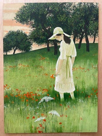 Yves Ganne (1931-2019) - Élégante au chapeau dans un champ, Antiek en Kunst