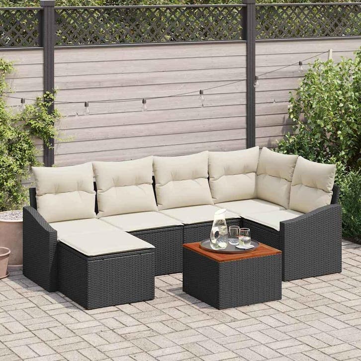 vidaXL Tuinbank Set met kussen 7 pcs Zwart poly rattan, Tuin en Terras, Tuinsets en Loungesets, Nieuw, Verzenden