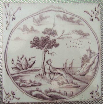 Tegel - Landschap met Man,Visser en Herderin. - 1750-1800