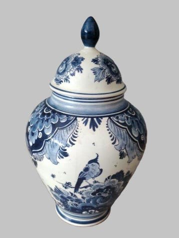 Blauw Delft - Vaas - Dekselvaas met bloemdecor en vogels -