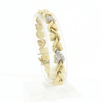 Gouden fantasieschakel armband met zirconia (Schakelarmband), Handtassen en Accessoires, Armbanden, Ophalen of Verzenden, Gebruikt