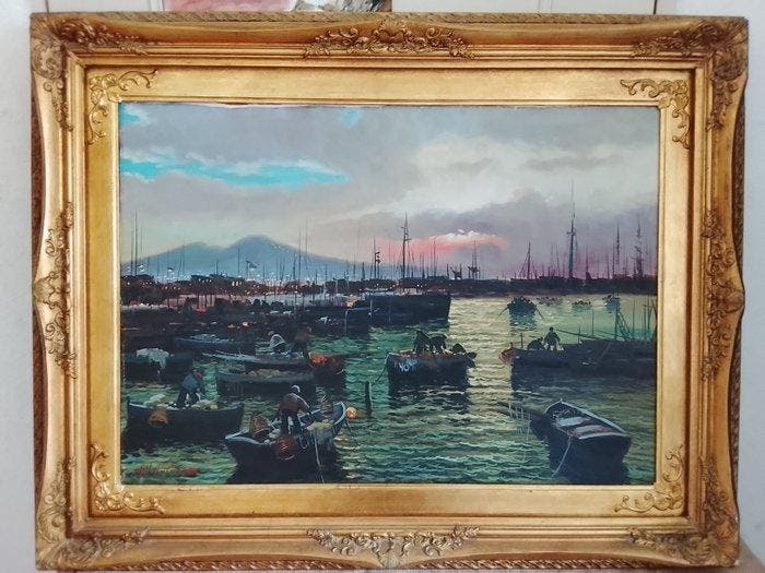 Antonio Sannino (1959) - Avondlijk havengezicht in de Baai, Antiquités & Art, Art | Peinture | Classique