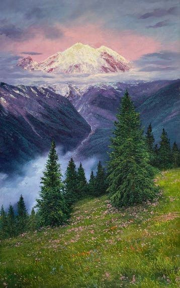 Xu Yanchun - Majestuosa montaña nevada al atardecer