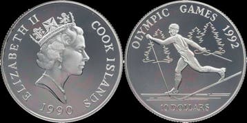 Cook Islands 10 dollar 1990- Olympic games in Albertville..., Timbres & Monnaies, Monnaies | Amérique, Verzenden