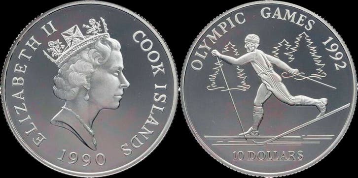 Cook Islands 10 dollar 1990- Olympic games in Albertville..., Timbres & Monnaies, Monnaies | Amérique, Envoi