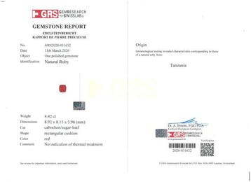 Rouge Rubis - 4.42 ct - GRS (Laboratoire Gem Research Swiss), Bijoux, Sacs & Beauté