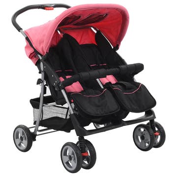 vidaXL Tweelingkinderwagen staal roze en zwart, Verzenden, Nieuw