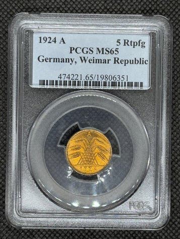 Duitsland, Weimar Republiek 5 Rentenpfennig 1924(A) PCGS