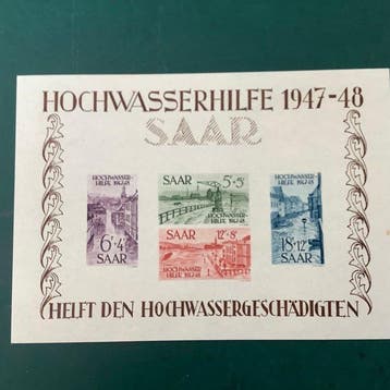 Saarland 1948 - Bloc Hoogwater avec défaut de plaque décalé, Gestempeld