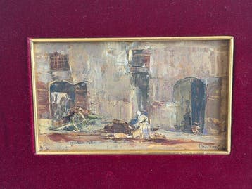 Ambrogio Vismara (1900-1994) - Scena di cortile con carretto, Antiek en Kunst