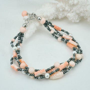 Koraal - Zilver - Armband - Roze koraal en parels