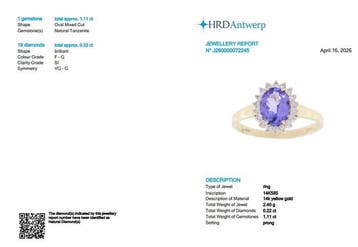 Ring - 14 karaat Geel goud - 1.33ct. tw. Tanzaniet - Diamant
