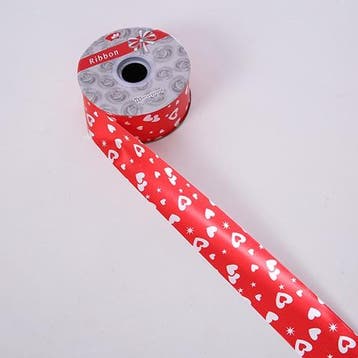 Poly ribbon scheur cadeaulint rood + witte hartjes 50mm, Nieuw