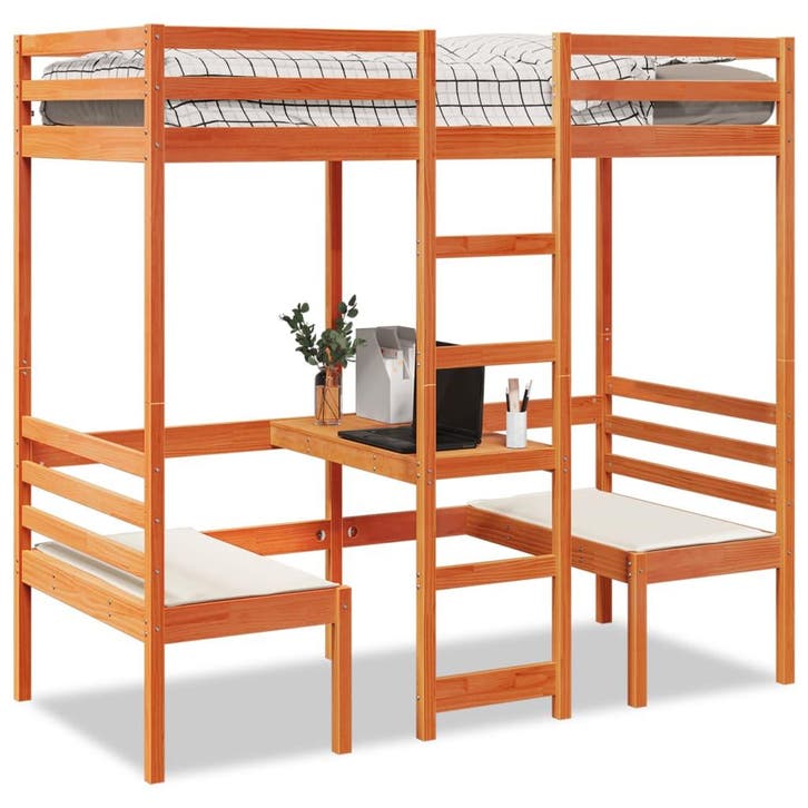vidaXL Hoogslaper met bureau en stoelen grenenhout wasbruin, Maison & Meubles, Chambre à coucher | Lits, Envoi
