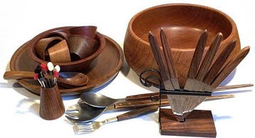 Schaal - Hout en metaal - Drie schalen, couvert etc., Antiek en Kunst