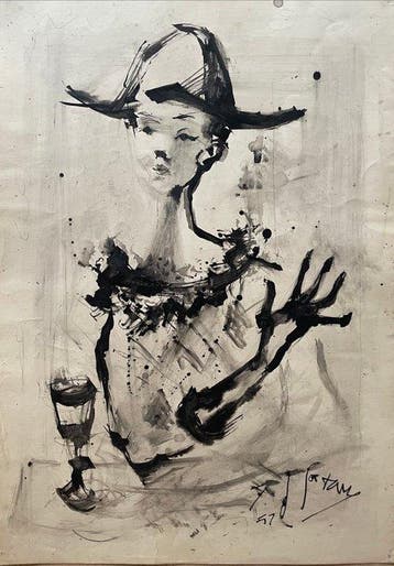Yves Ganne (1931-2019) - Portrait délégante au chapeau et, Antiek en Kunst