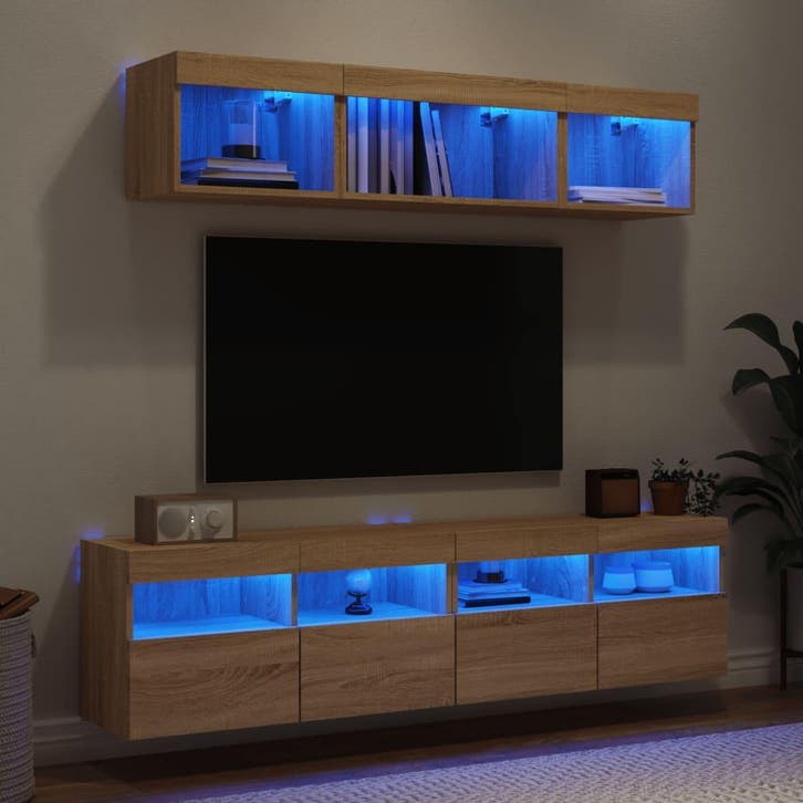 vidaXL 5-delige Tv-wandmeubelset met LED bewerkt hout sonoma, Maison & Meubles, Armoires | Mobilier de télévision, Envoi
