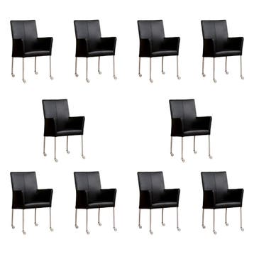 Set van 10 Leren eetkamerstoelen Comfort met wieltjes en, Ophalen of Verzenden