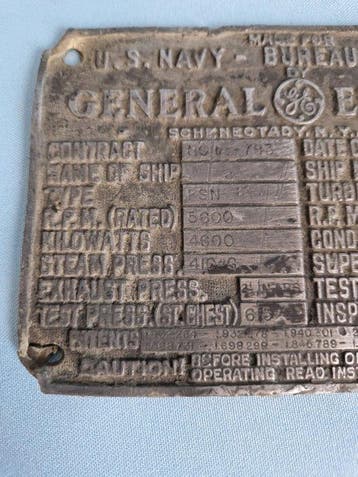 Originele U.S. Navy 1942 / General Electric turbineplaat -