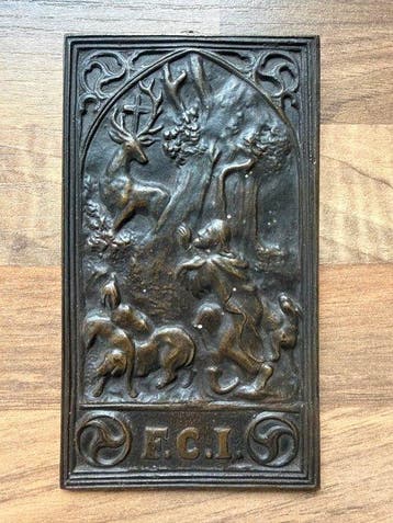 Plaquette - F.C.I. – Sint-Hubertus met jachthonden - Brons, Antiquités & Art