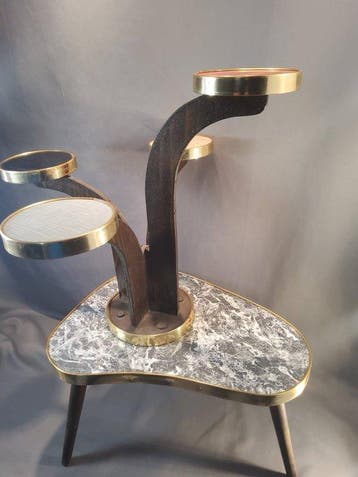 Tafel - Hout, Messing, Marmer - Vierarmige plantenhocker