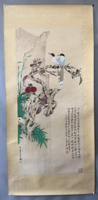 INK AND COLOR ON PAPER PAINTINGFLowers and Bird- -
