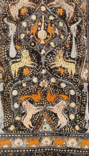 Groot Indisch volksborduurseltextiel – Leeuwen, Vogels &, Antiek en Kunst