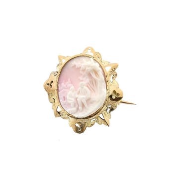 Antiek gouden broche met roze camee, Bijoux, Sacs & Beauté, Broches, Ophalen of Verzenden