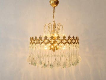 Lamp - Italiaanse kroonluchter met artistiek glas,, Antiek en Kunst