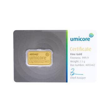 Umicore 2,5 gram goudbaar met certificaat