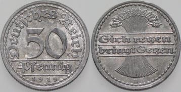 50 Pfennig 1919 D Kleinmunten Weimarer Republik Ersatz- e..., Verzenden