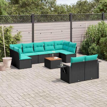 vidaXL 10-delige tuinbankset met kussens van zwart polyrotan, Verzenden, Nieuw