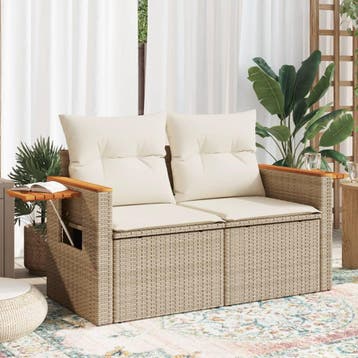 vidaXL Tuinbank 2-zits met kussens poly rattan beige, Verzenden