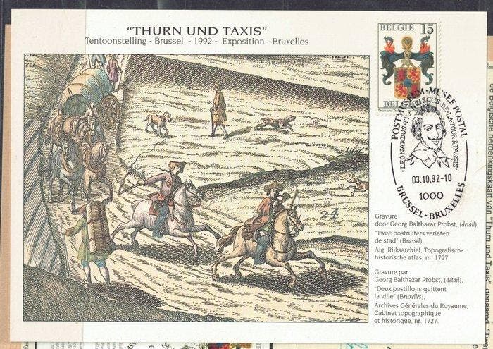 België 1992 - De kaart  Postruiters die de stad verlaten, Postzegels en Munten, Postzegels | Europa | België