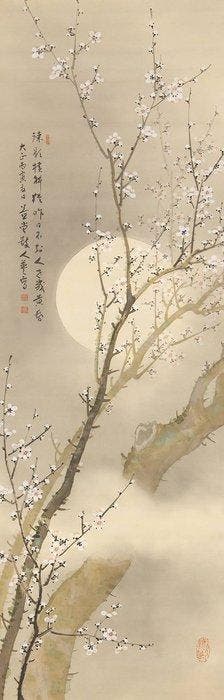 Zeer fraai schilderij Moon And Ume, gesigneerd - inclusief