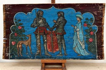 Scuola italiana (XV-XVI) - Scena cortese con cavalieri, dama