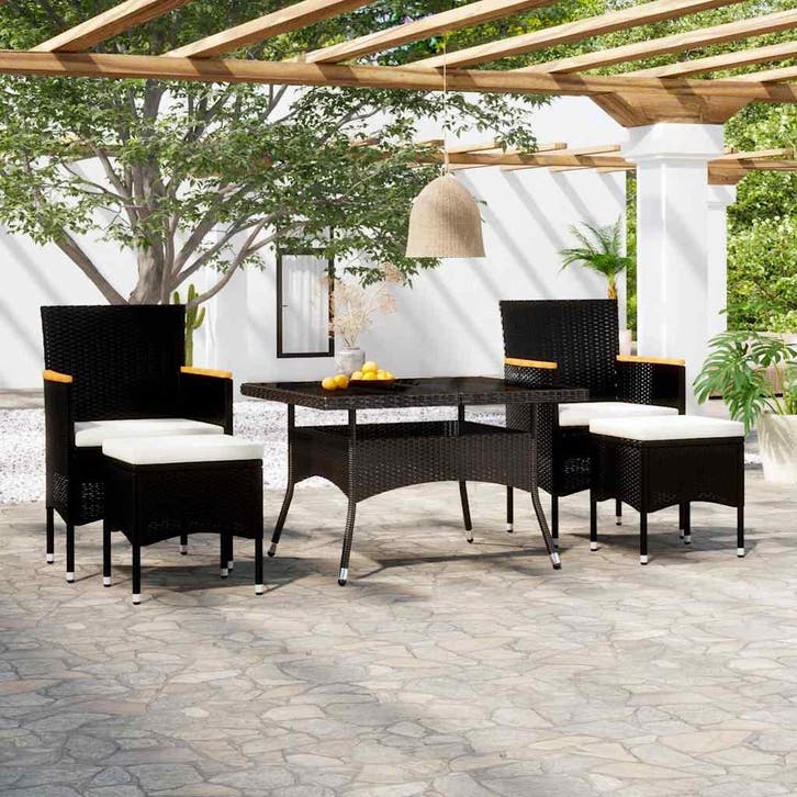 vidaXL 5-delige Tuinset poly rattan en gehard glas zwart, Tuin en Terras, Tuinsets en Loungesets, Tuinset, Nieuw, Verzenden