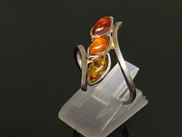 Vintage Unieke 3-Stenen Baltische Amber Statement Ring - 925