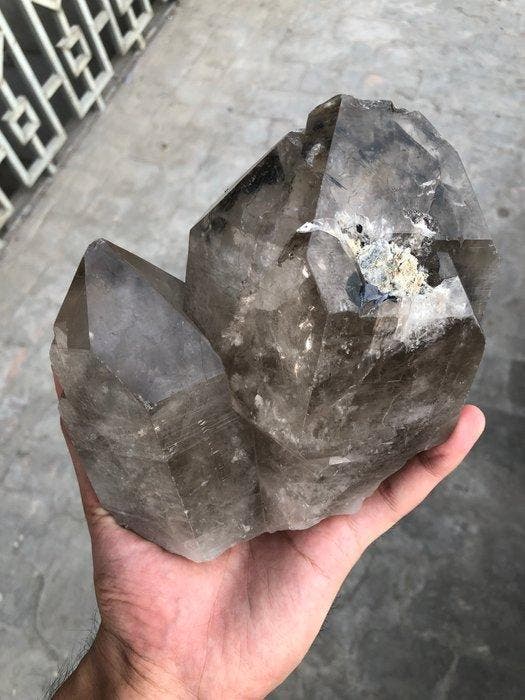 Geëindigde tweeling rookkwarts kristalcluster Kristalcluster, Verzamelen, Mineralen en Fossielen