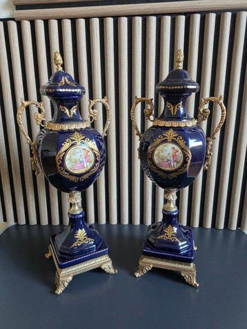 Vase (2) - Porcelaine, Laiton - Vase bleu cobalt vintage