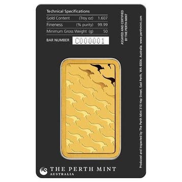 50 gram - Goud .999 - 50 grams .9999 Gold Bar Perth Mint (In, Postzegels en Munten, Edelmetalen en Baren