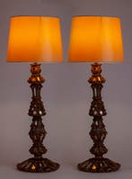 Tafellamp - Hout, Goud, Glas - Set van twee tafellampen