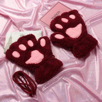 KIMU® Dierenpoot Vingerloze Handschoenen Donkerrood Pluche V, Ophalen of Verzenden, Nieuw