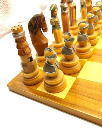 Schaakspel - Ambachtelijke houten schaakstukken, met de hand, Antiek en Kunst