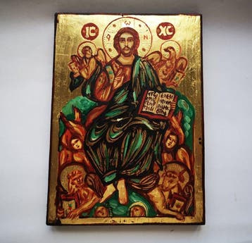 Icoon - Het icoon Christus op de Troon met de Evangelisten, Antiek en Kunst