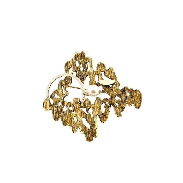 Bicolor gouden broche met parel, Handtassen en Accessoires, Broches, Goud, Gebruikt, Met edelsteen, Goud, Ophalen of Verzenden