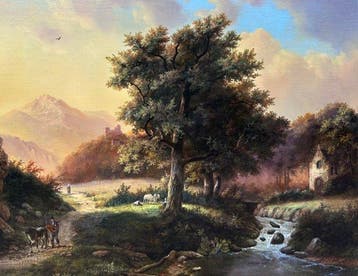 Nederlandse school (XX) - Landschap met personen, Antiek en Kunst