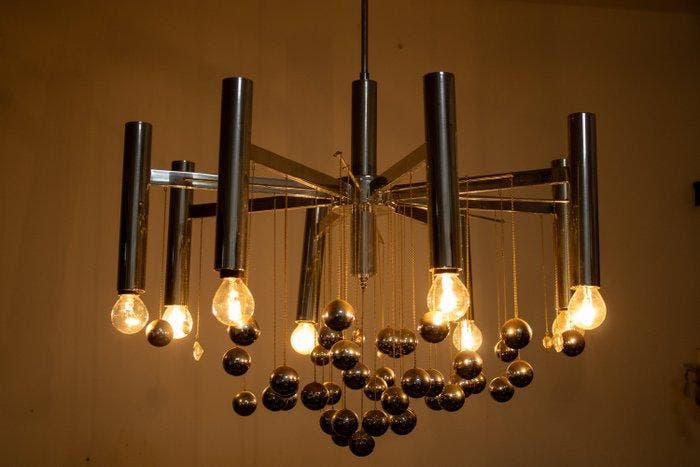 Lustre - Space Age en chrome avec sphères pendantes - Acier,, Antiquités & Art, Antiquités | Éclairage