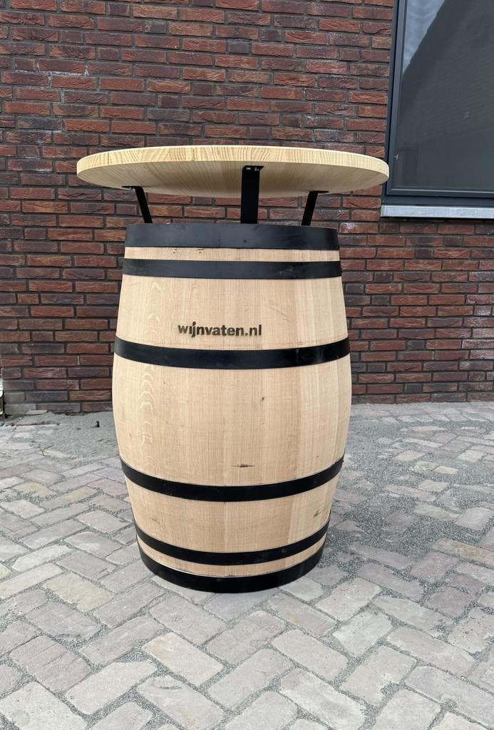 Eikenhout wijnvat 225L statafel met houten blad - NIEUW!, Huis en Inrichting, Tafels | Statafels, Nieuw, Ophalen of Verzenden